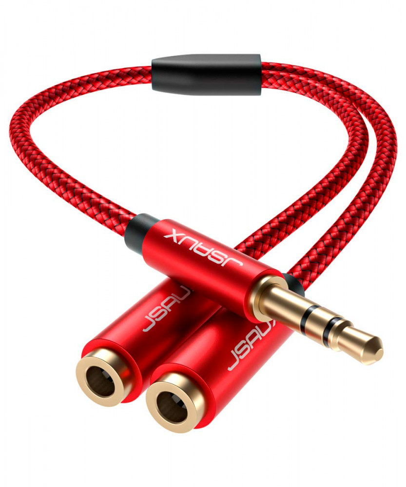 JSAUX Headphone Splitter, Audio Splitter 3.5mm Male TRS to 2 Dual 0.9ft, Red