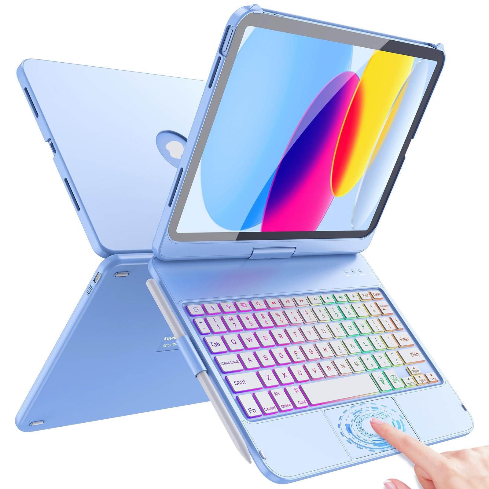 FUWANG Touch Keyboard Case for iPad A16 11th/10th Gen, 360° Rotating, Blue