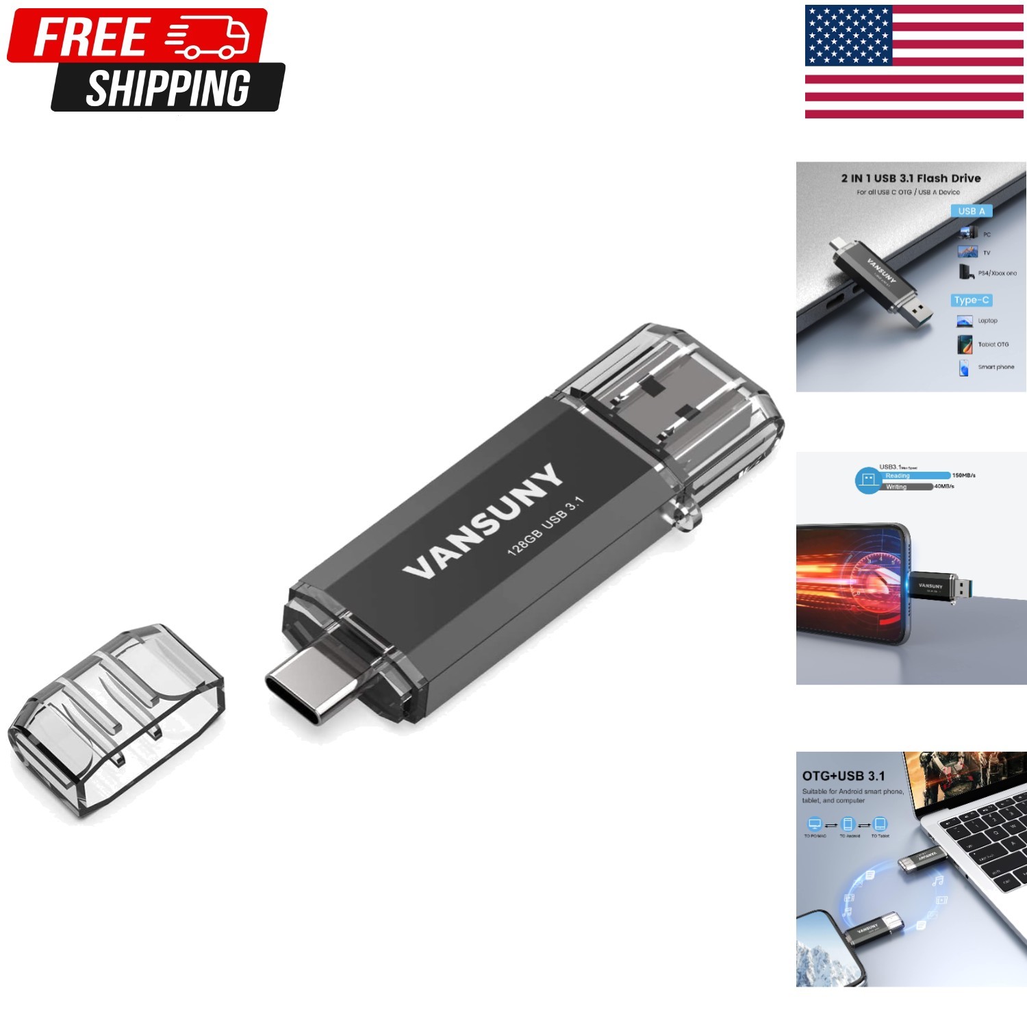 Versatile 128GB USB 3.1 Shockproof Flash Drive - Ideal for Smartphones & Laptops