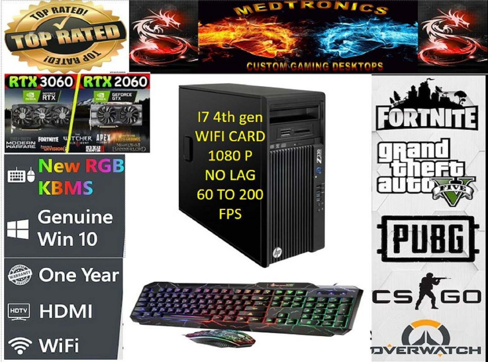i7 CUSTOM GAMING DESKTOP PC HP Z230 3.6GHZ SSD+1TB 16GB RTX 4060 /4060 TI/3060
