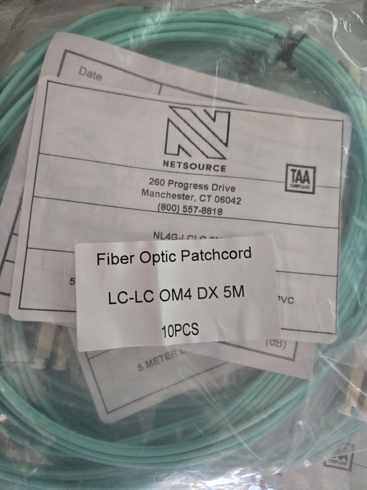 Netsource 5 Meter LC/LC OM4 50um 2.0mm Duplex PVC Fiber Optic Patch Cords QTY-10