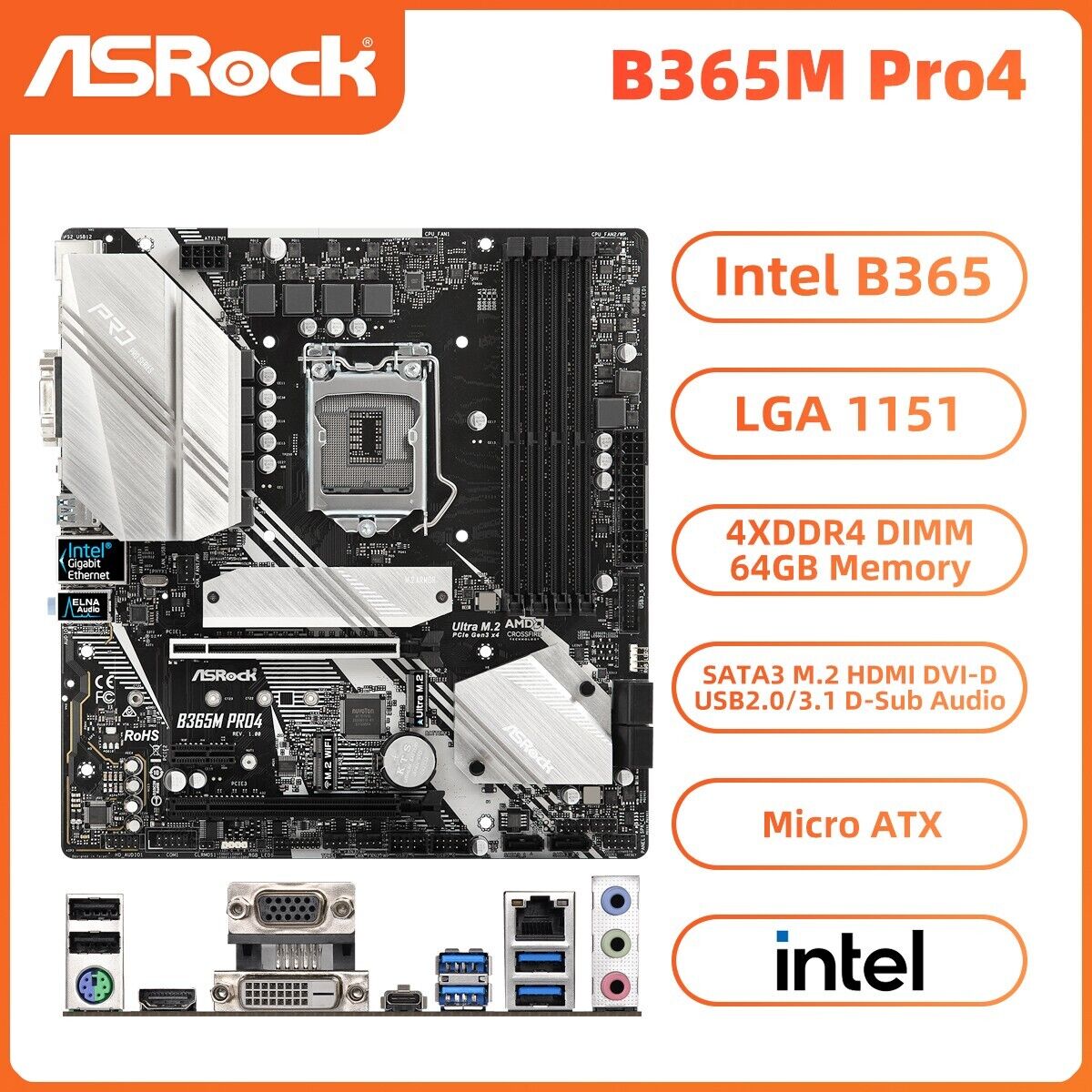 ASRock B365M Pro4 Motherboard M-ATX Intel B365 LGA1151 DDR4 SATA3 HDMI DVI-D M.2