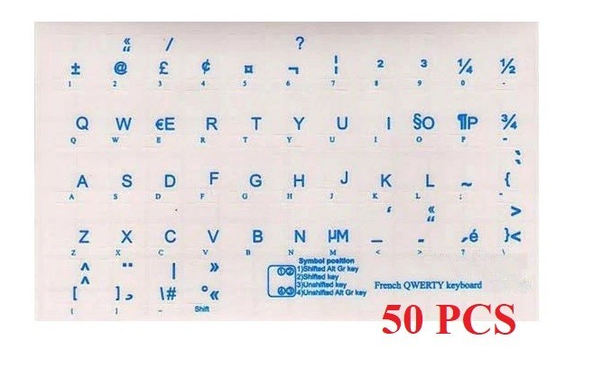 FRENCH QWERTY Keyboard Stickers Transparent - 50pcs (Blue , Red, Yellow ,White)