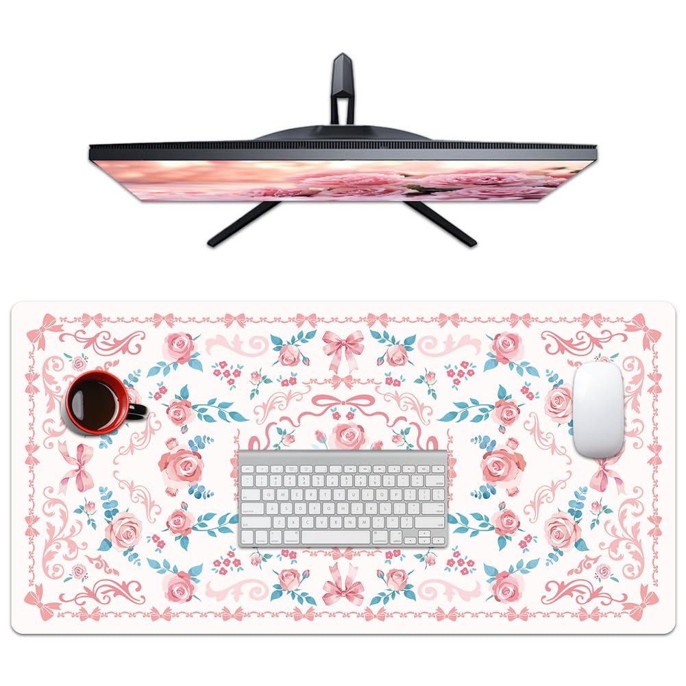 Pink Desk Matt for Desktop 15.7 x 31.5 x 0.06 Inch Floral Mouse Pad Cute Pink...
