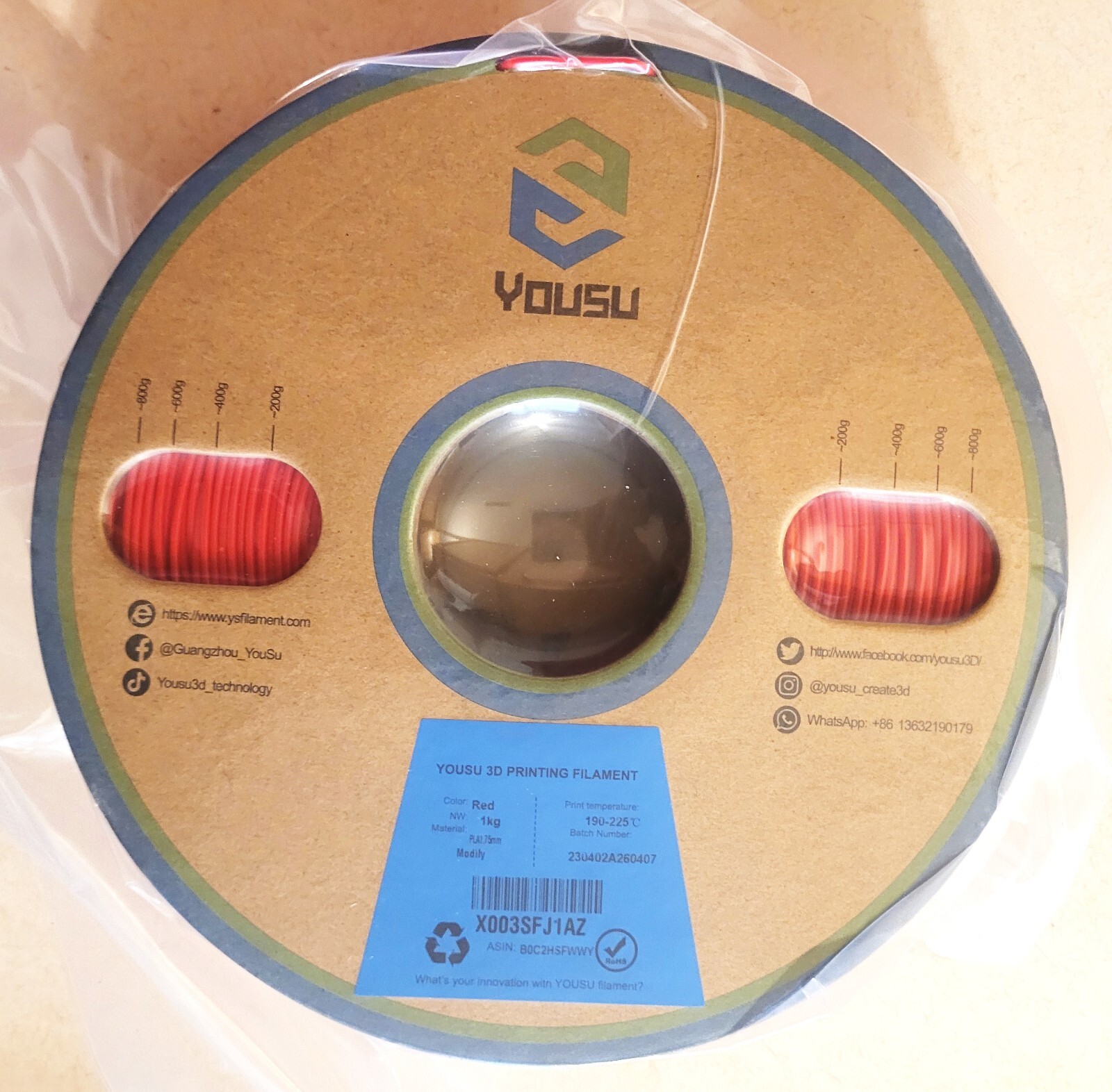 Yousu 3d Printing Filament Red PLA 1.75mm New Without Box