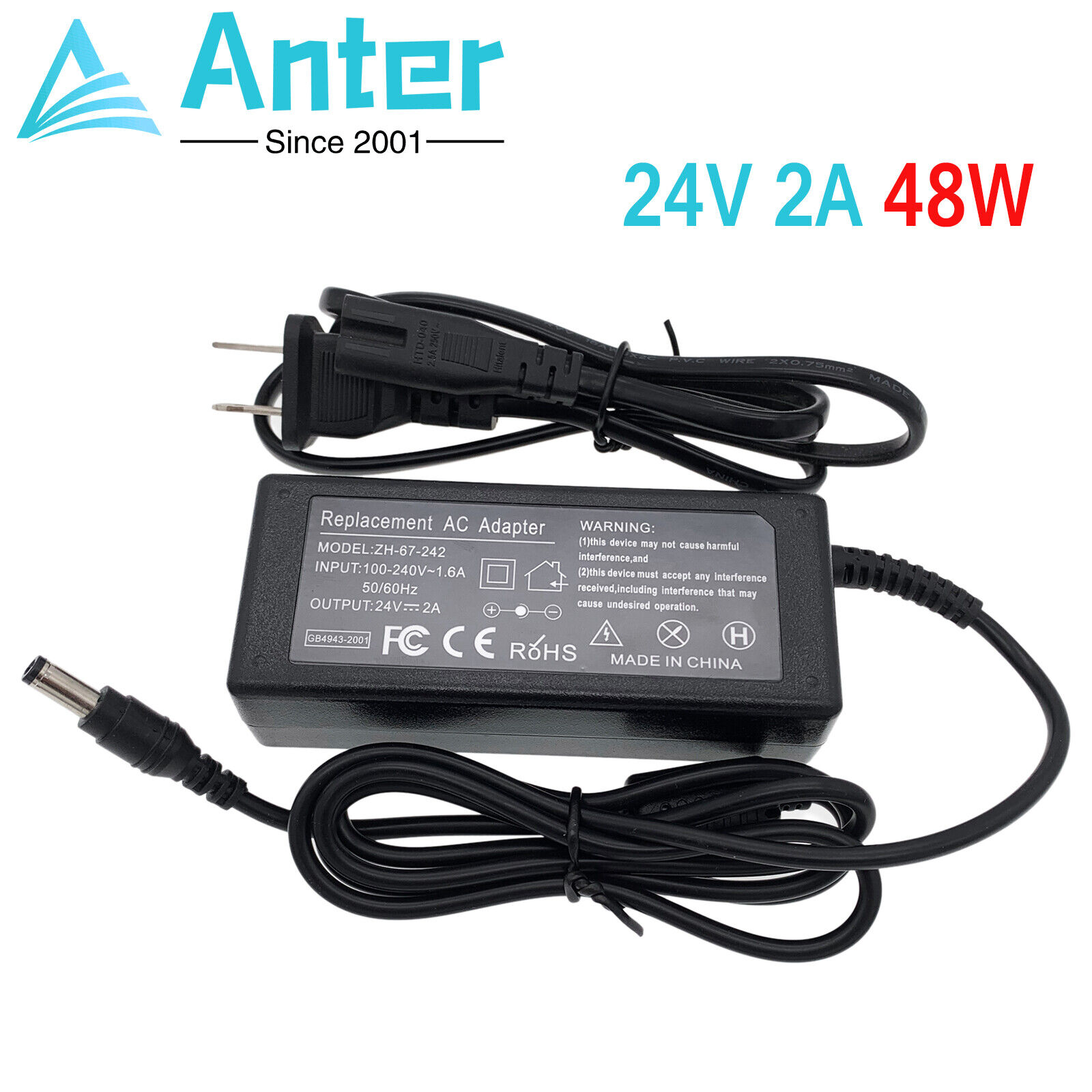 24V 2A AC Adapter DC Charger 5.5mm*2.5mm Tip Power Supply Cord Center +