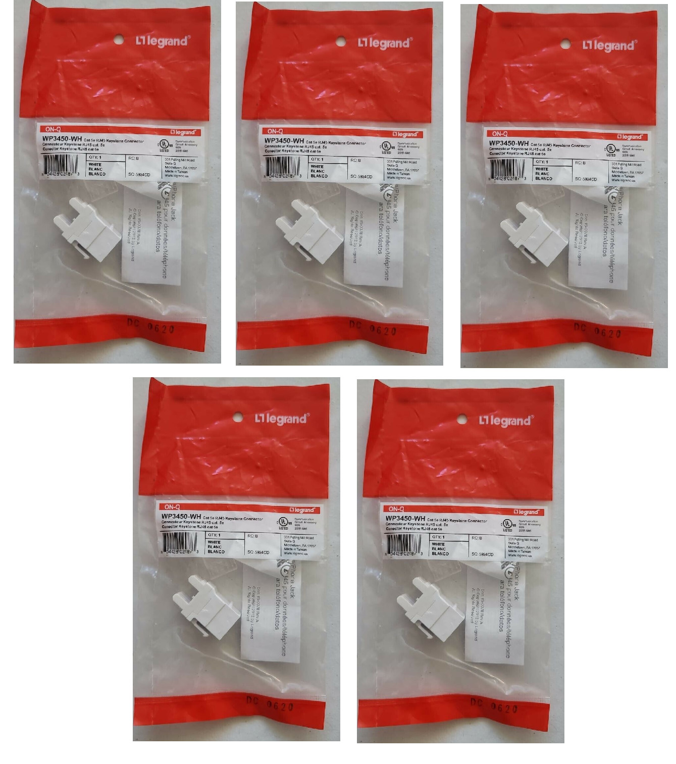 5 Pack Legrand WP3450-WH Cat 5e RJ45 Keystone Connector White NEW (10D)