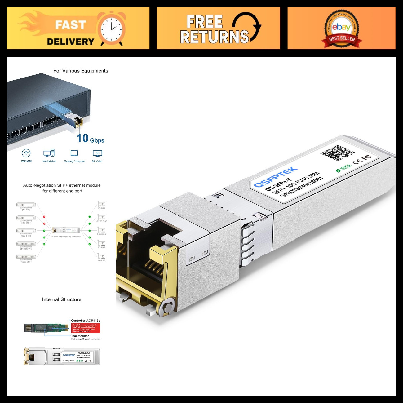 10G SFP+ RJ45 Copper Transceiver Module, 10GBASE-T Ethernet Adapter, 30m Range