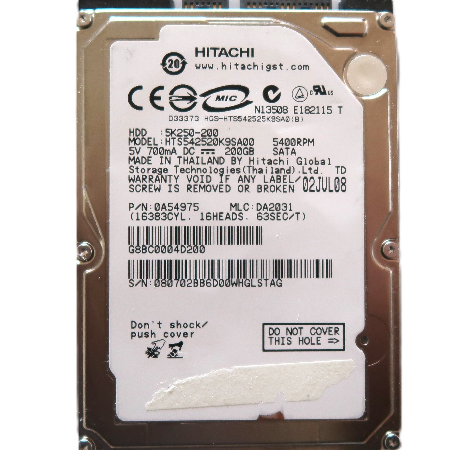 HTS542520K9SA00 PN: 0A54975 MLC:DA2031 (080) 2.5" 200gb Sata 5K250-200 2008
