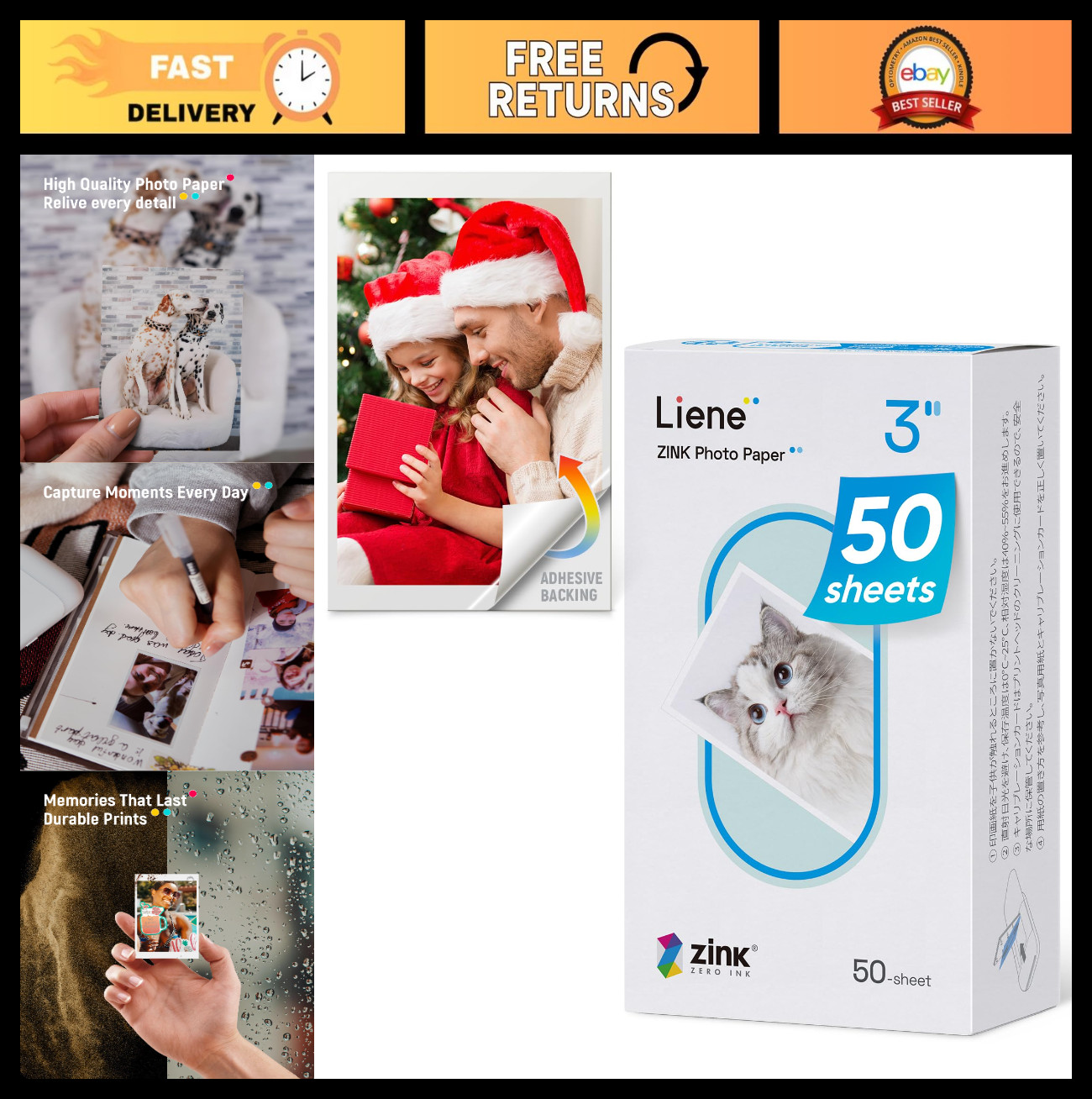 Premium 2x3" Photo Paper - 50 Sheets, Waterproof, Adhesive Back, Instant Print,