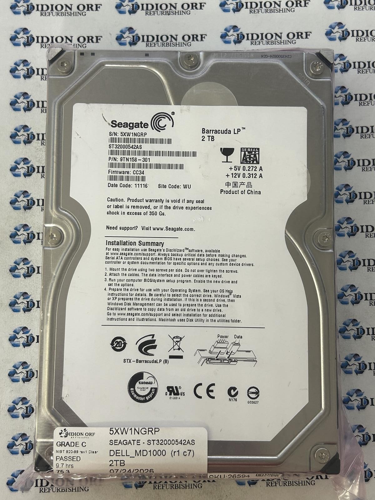 SEAGATE 2TB 3.5" SATA HDD 5900 RPM ST32000542AS, GRADE C, SKU 26594