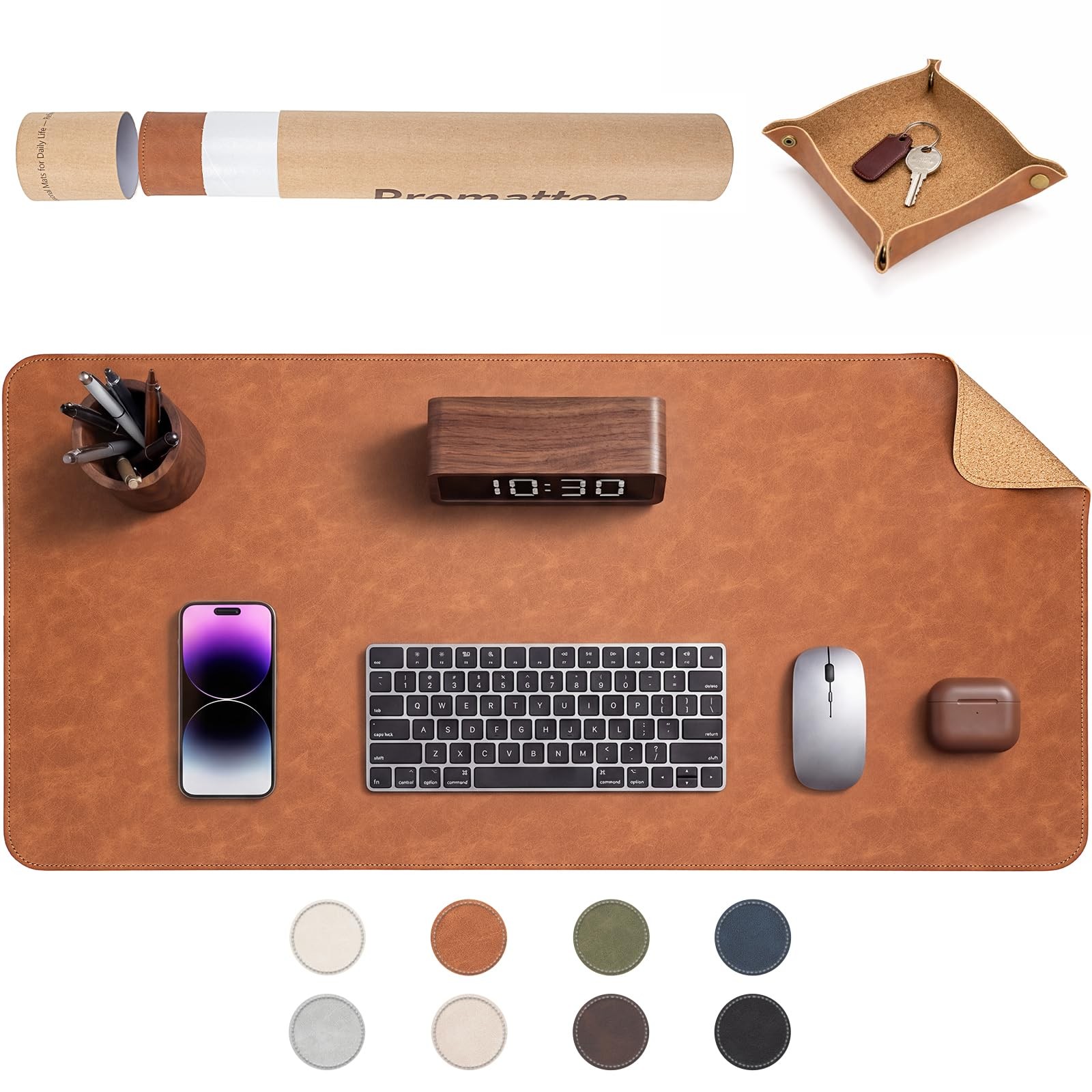 Premium Faux Leather Desk Mat & Tray Set，Innovative Cork-Look Printed Base，Gi...
