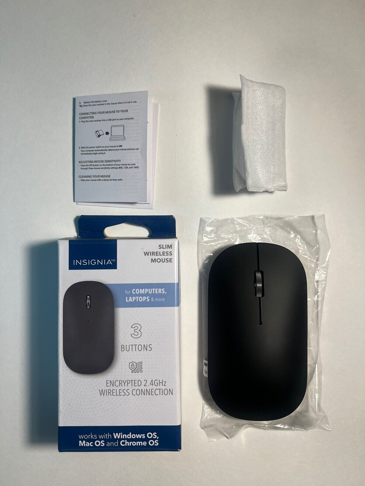 Insignia Wireless Optical 3-Button Slim Mouse for Mac PC Laptop Chrome Black
