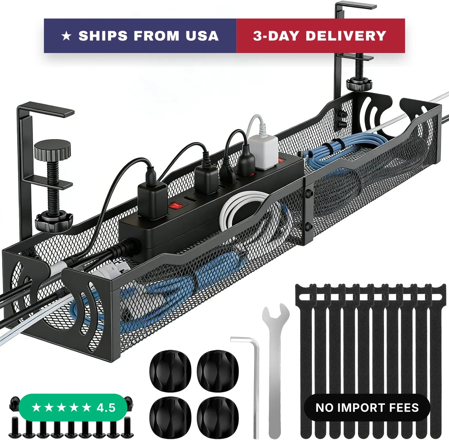 Cable Management, 25.3'' Under Desk Cable Management Tray No Drill, Metal Cable