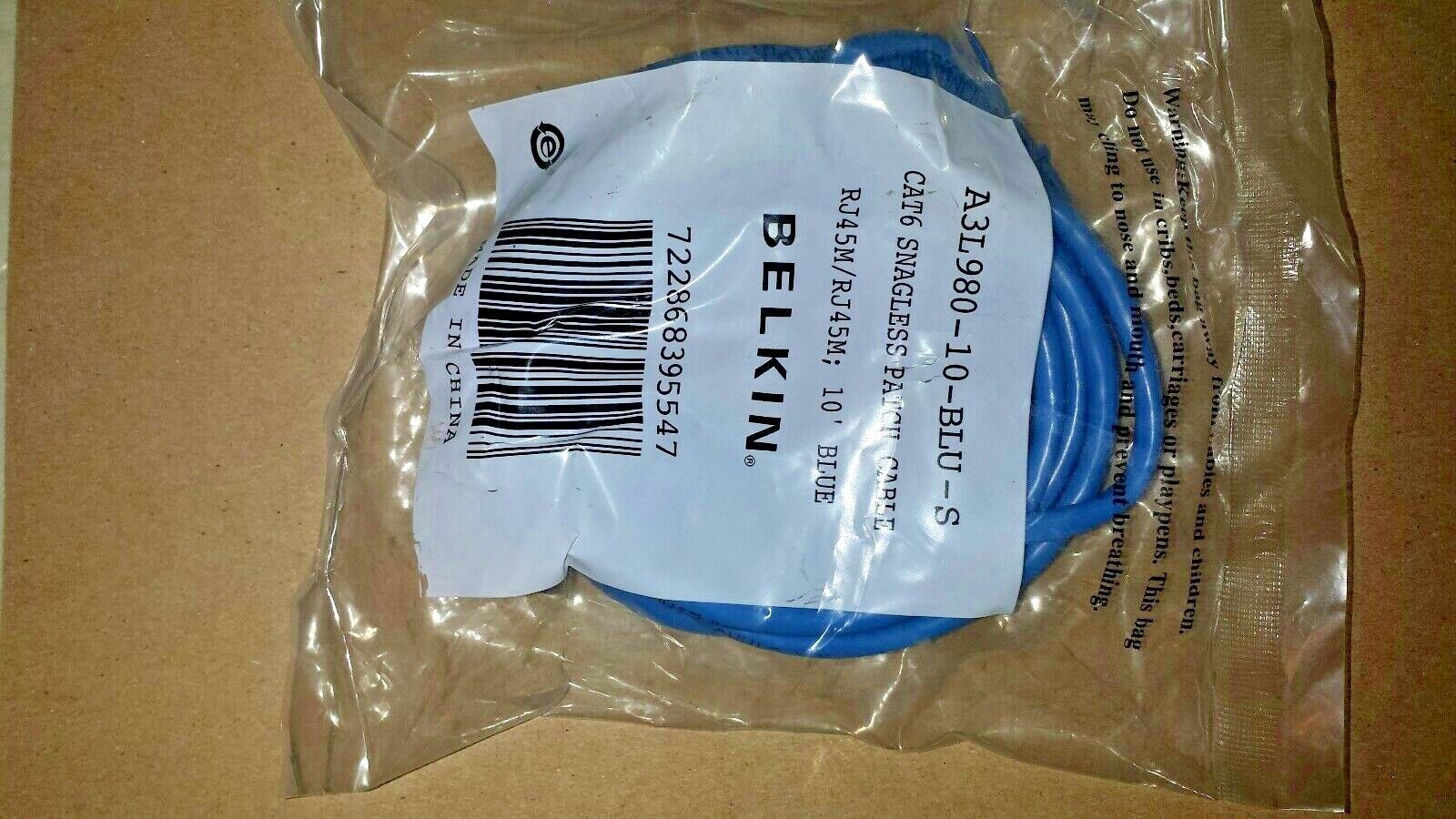 Belkin A3L980-10-BLU-S Patch Cable RJ-45 10 Ft Cat 6 Snagless Connector SealdBag