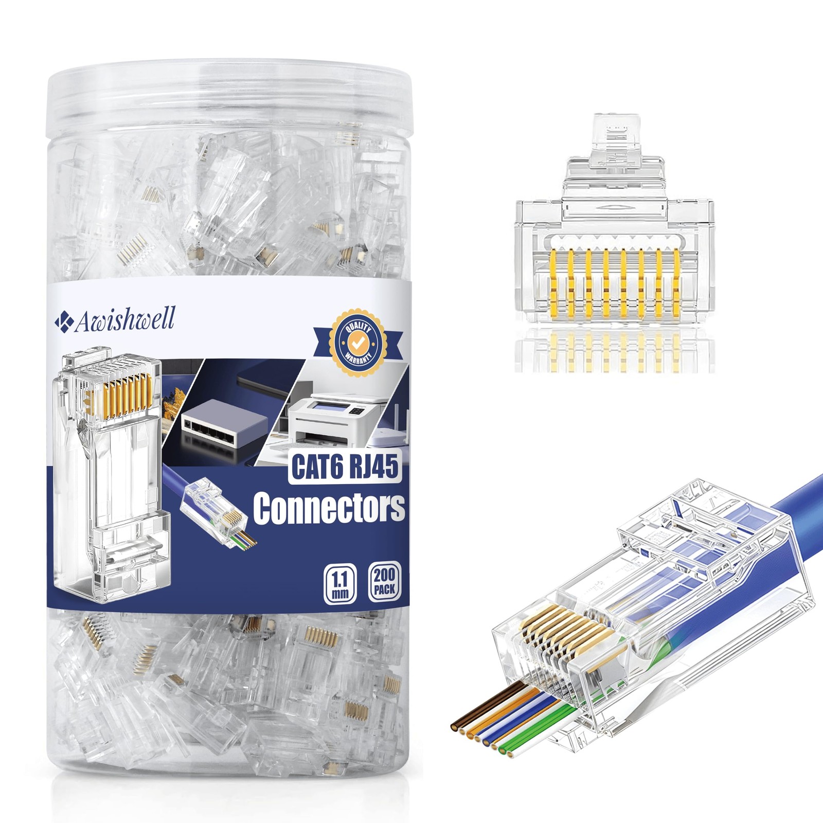 200 PCS Cat6 RJ45 Pass Through Connectors Ethernet Network Ends Plug Kit