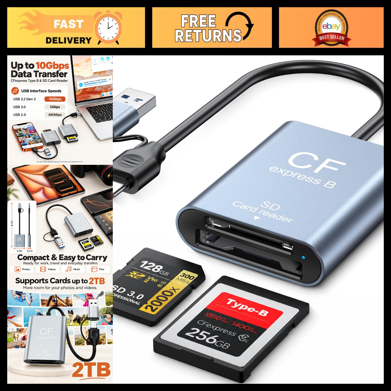 2-in-1 CFexpress Type B & SD Card Reader, USB-C 3.2 Gen 2, Fast Data Transfer