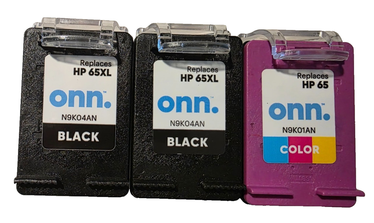 Onn Ink Cartridges • (2) Black 65XL + (1) Color 65, OPEN - USED