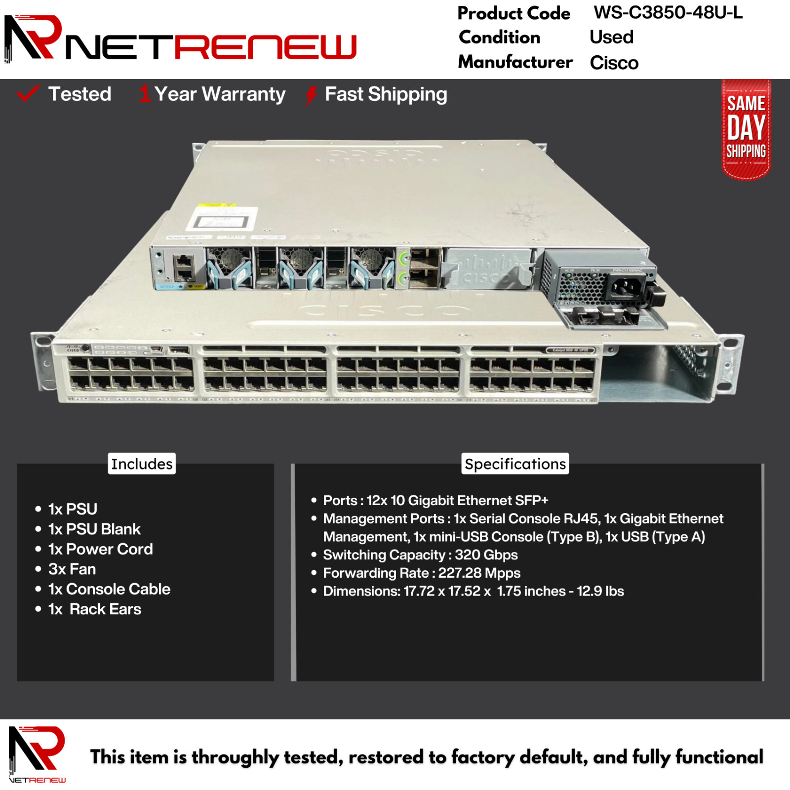 Cisco WS-C3850-48U-L 48-Port PoE+ Switch IP Base Managed w/C3850-NM-4-1G