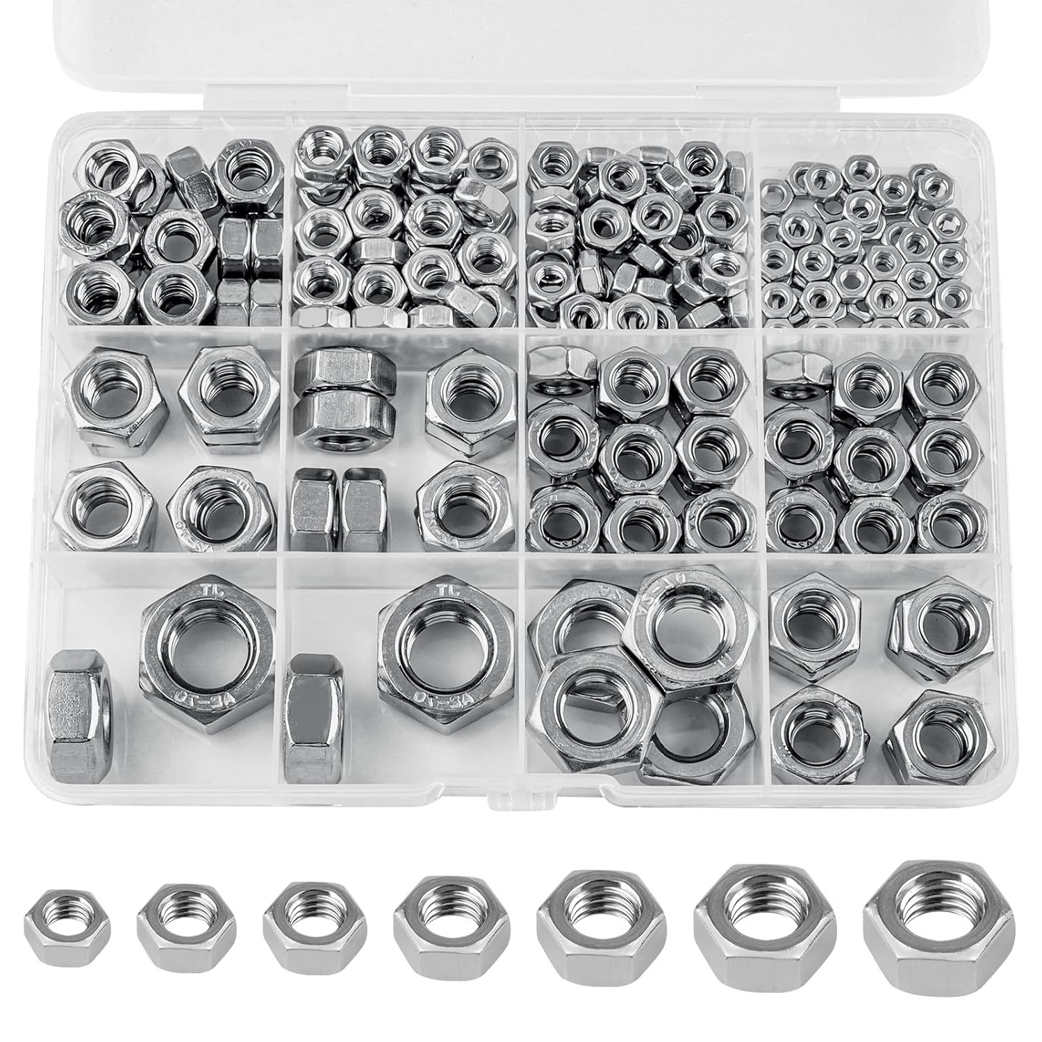 237Pcs Hex Nuts 304 Stainless Steel Hardware Nuts 7 Sizes Coarse Thread Nuts