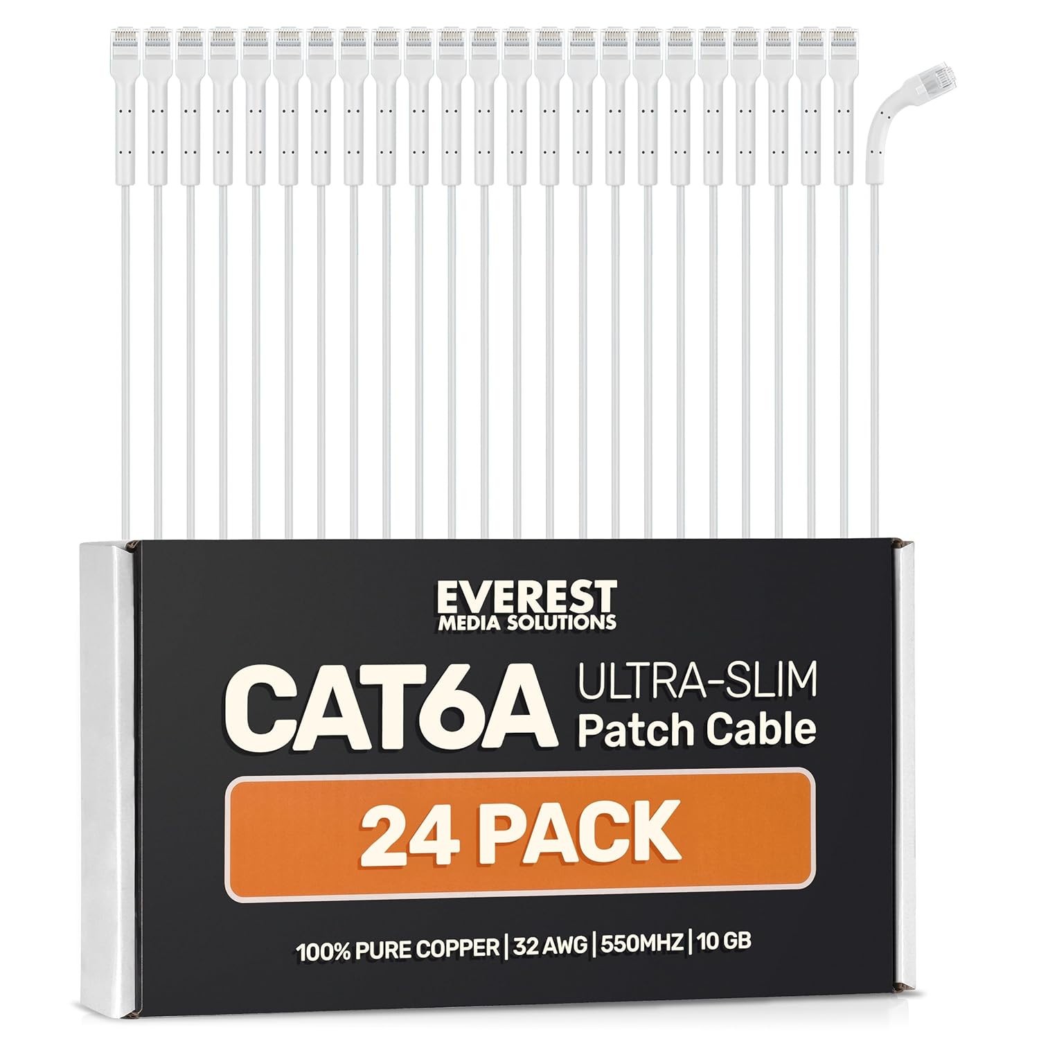 Everest Ultra Slim Cat6a Ethernet Patch Cables 1ft -24-Pack White Bendable 32AWG