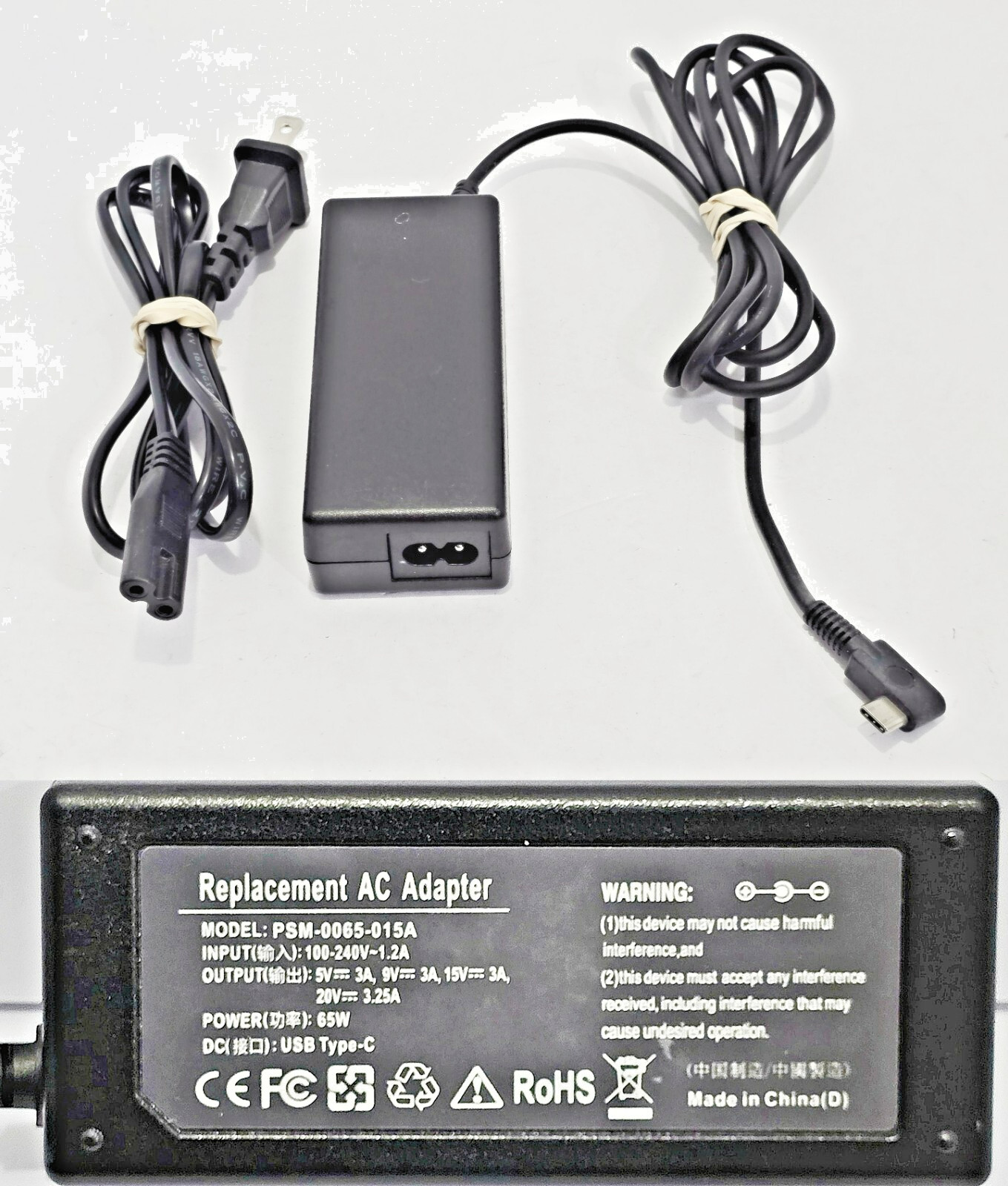 Replacement 65W AC Adapter Power Supply Model PSM-0065-015A 20V 15V 9V 5V USB -C
