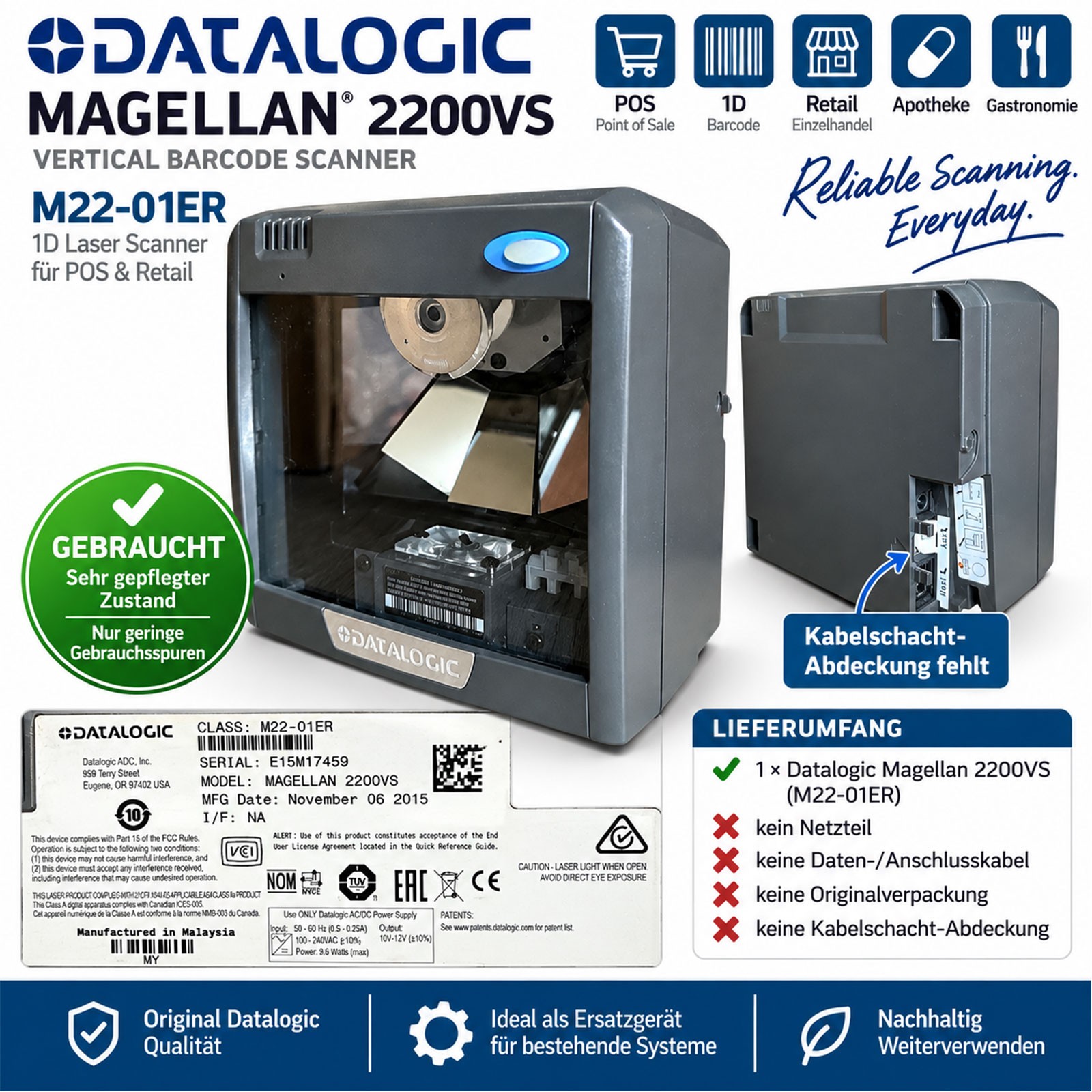 Datalogic Magellan 2200VS M22-01ER POS Barcode Scanner - Clean