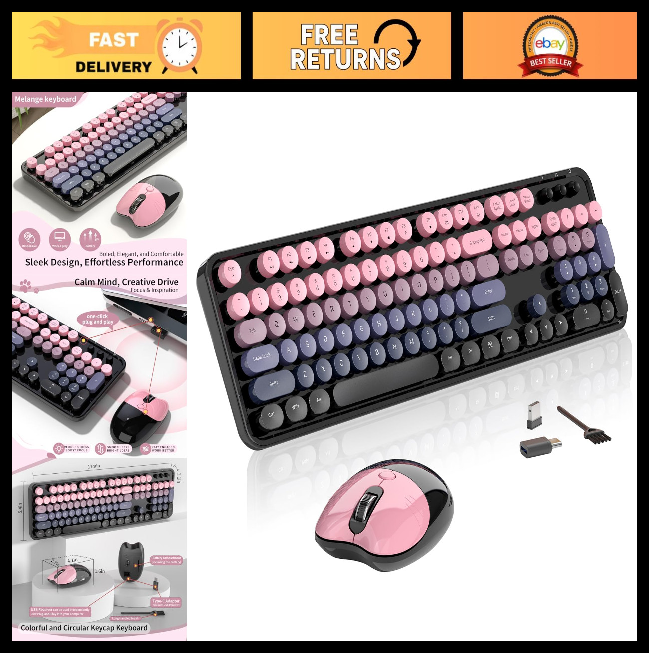 Retro Wireless Keyboard and Mouse Set, 104 Round Keycaps, Ergonomic Design, OTG,