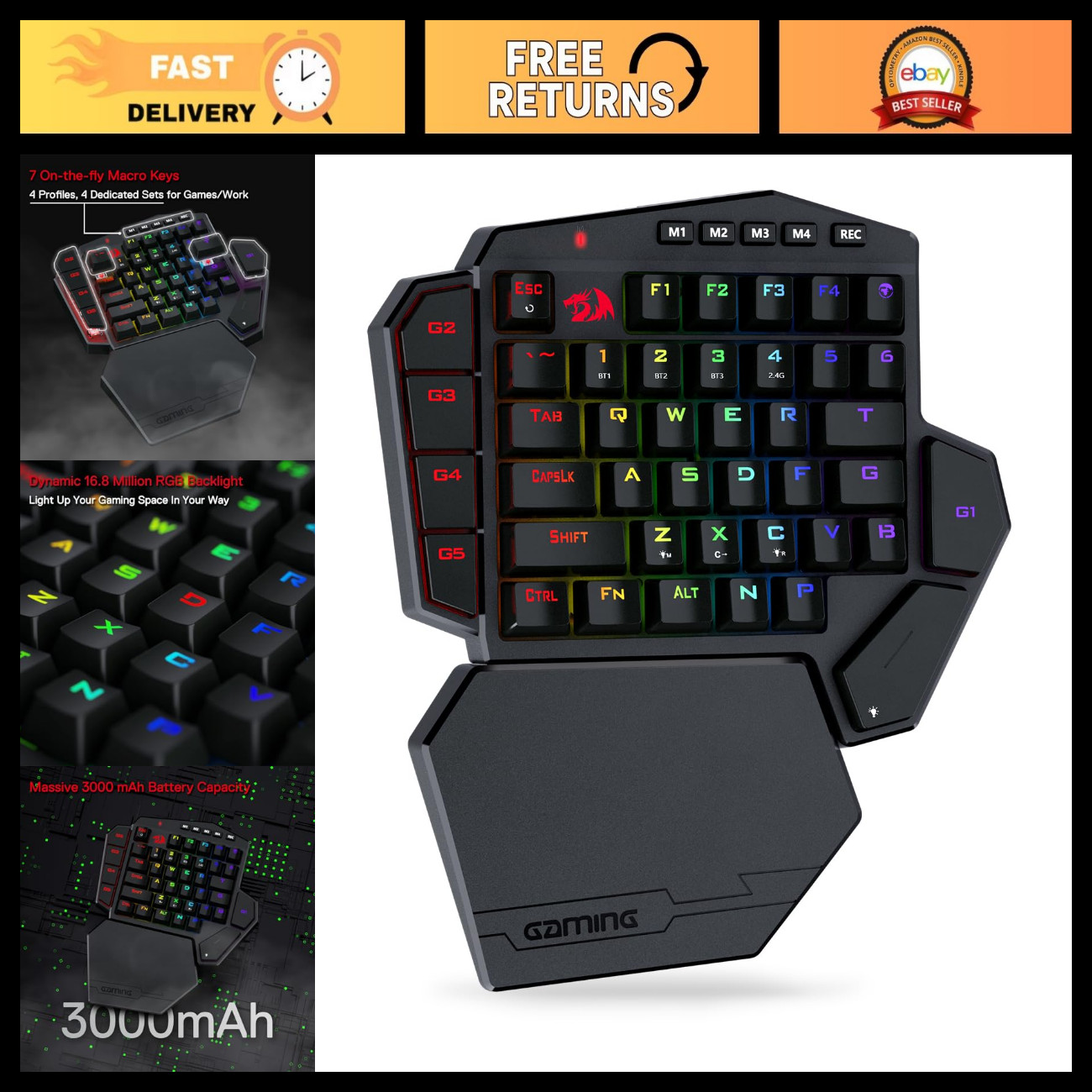 Wireless One-Handed RGB Gaming Keypad, 42-Key Layout, Customizable Macro Keys