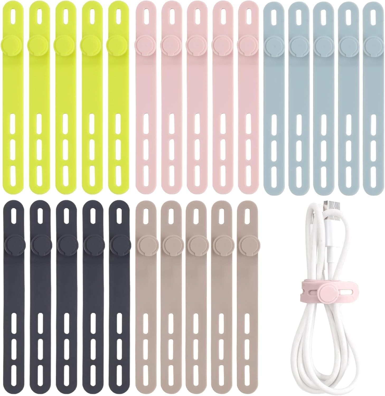 Oligei 25 Pcs Silicone Cable Ties, Cable Ties Reusable, High Elasticity Cord Wra