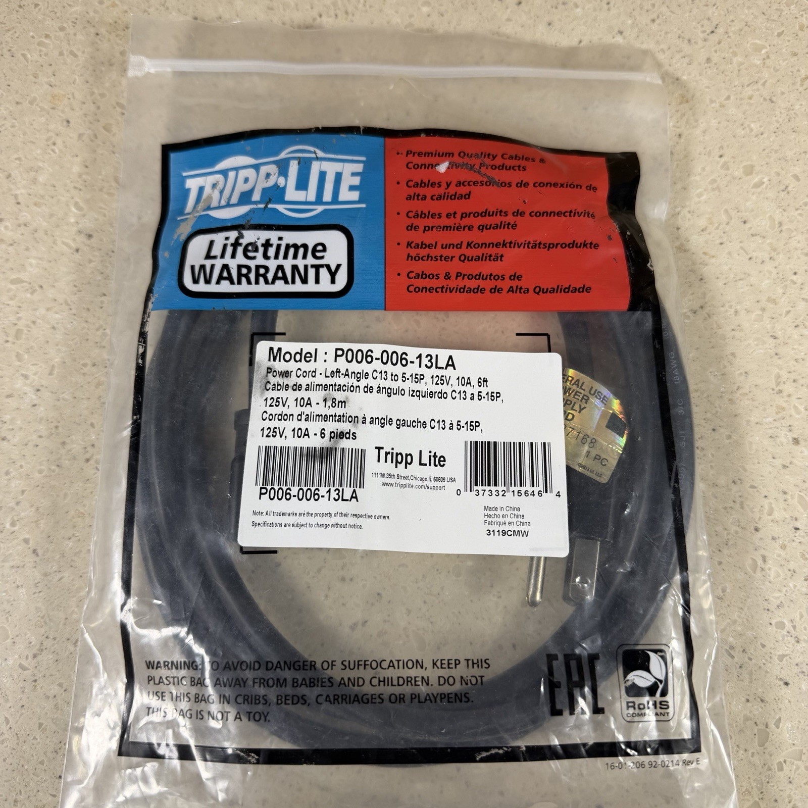 Tripp Lite P006-006-13LA Power Cord 6ft Left Angle C13 to 5-15P 125V 10A 