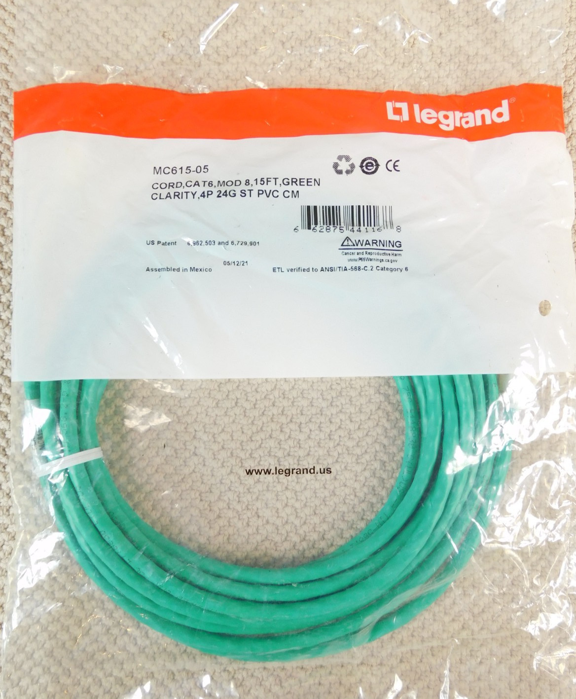 Clarity CAT6 Stranded 24 AWG Patch Cord 15 ft Green MC615-05 Ortronics BOX OF 10