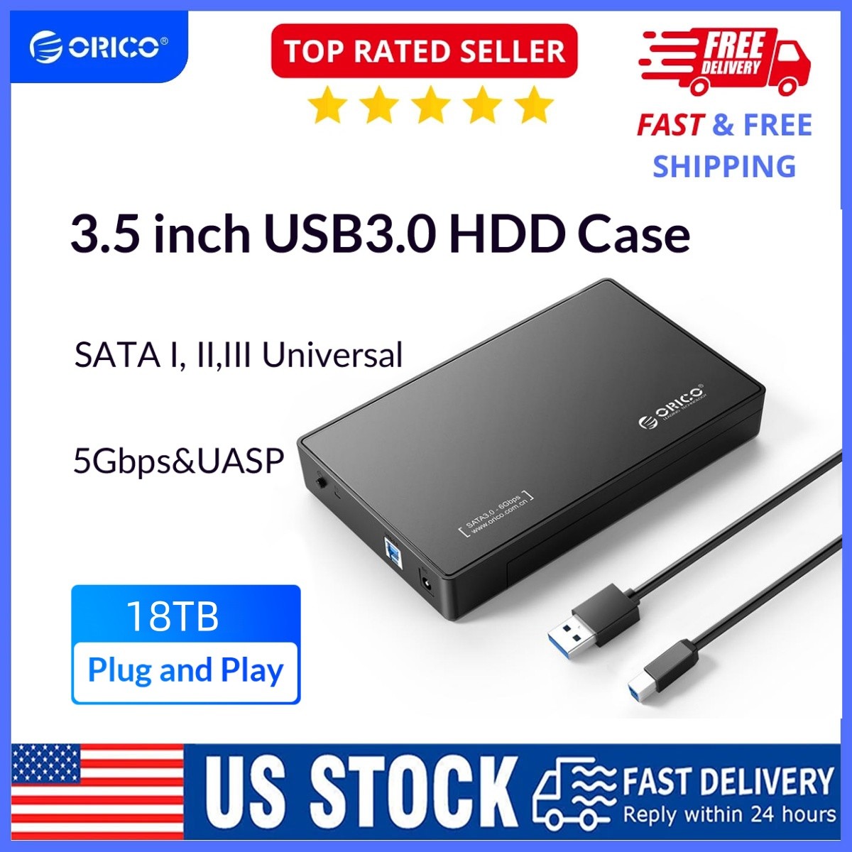 ORICO 3.5" External Hard Drive Enclosure USB3.0 SATA HDD/SSD Case 18TB