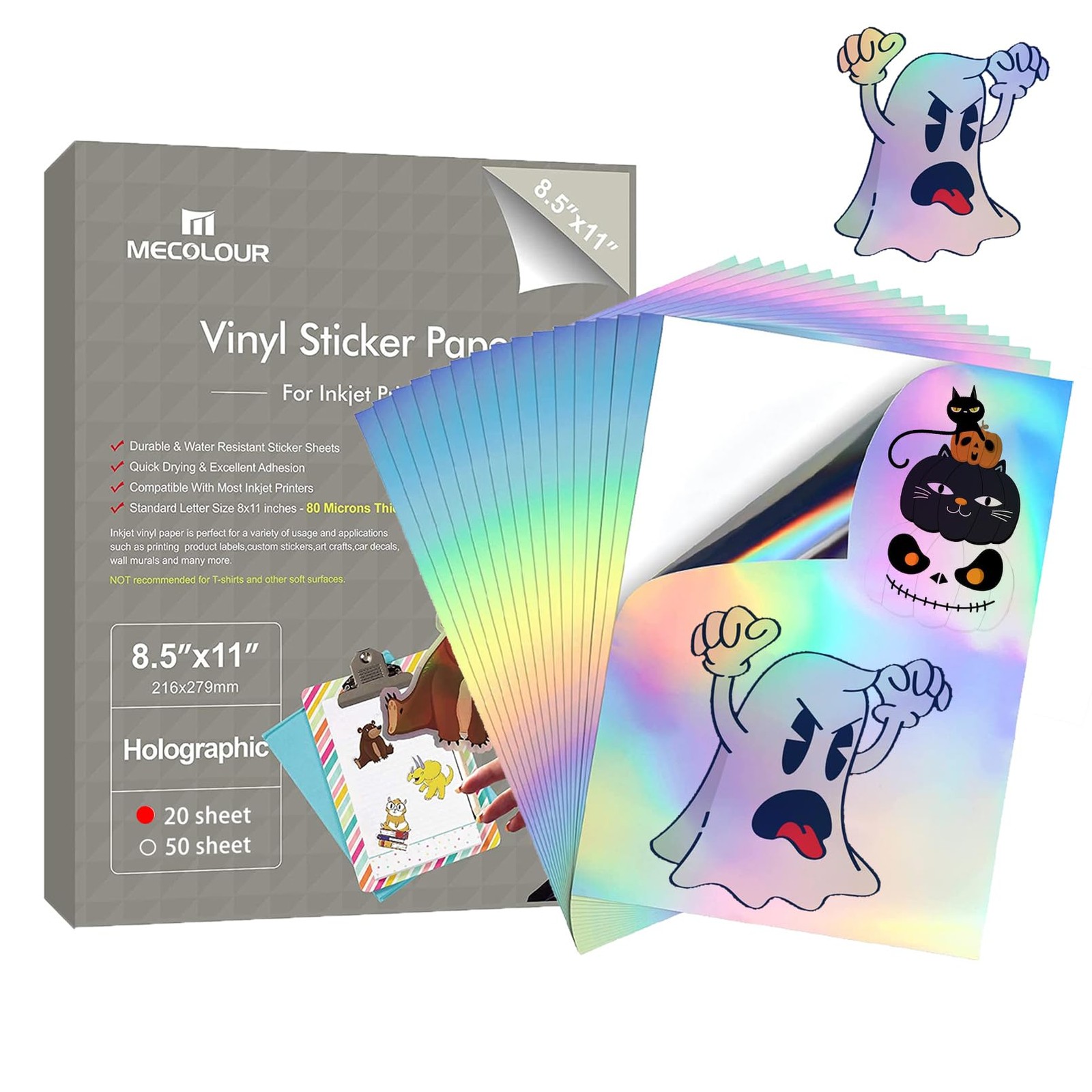 Holographic Sticker Paper 8.5'' 11'' Printable Premium Rainbow Vinyl, Waterpr...