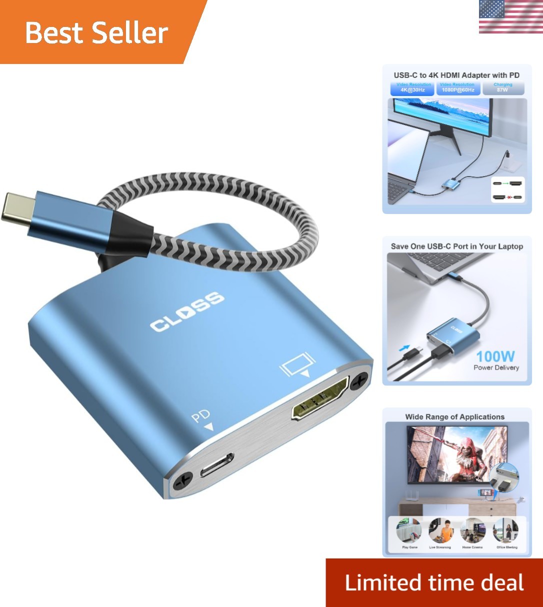 Compact 4K USB-C to HDMI Adapter with Fast Charging, Perfect for Laptops & TVs