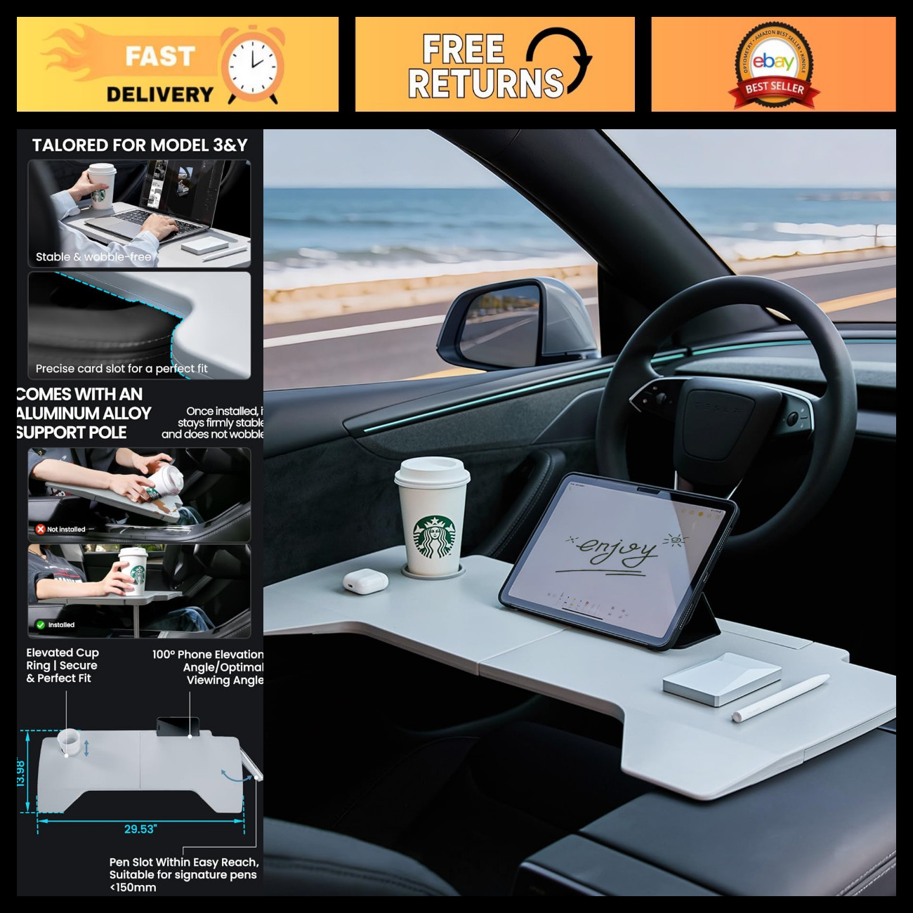Foldable Desk Food Tray for Tesla Model Y/3 – Portable Laptop Table with Support