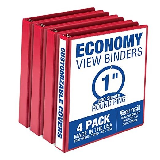  1 Inch 3 Ring Binders, Made in USA, Economy Round Ring, 4-Pack Red 1-Inch