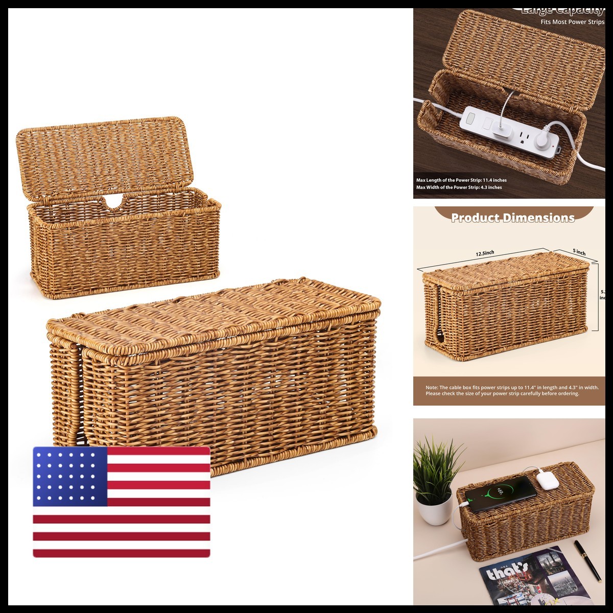 ZhiYo Rattan Cable Management Box, Speckled Brown, 12.5" x 5" x 5.2" 01