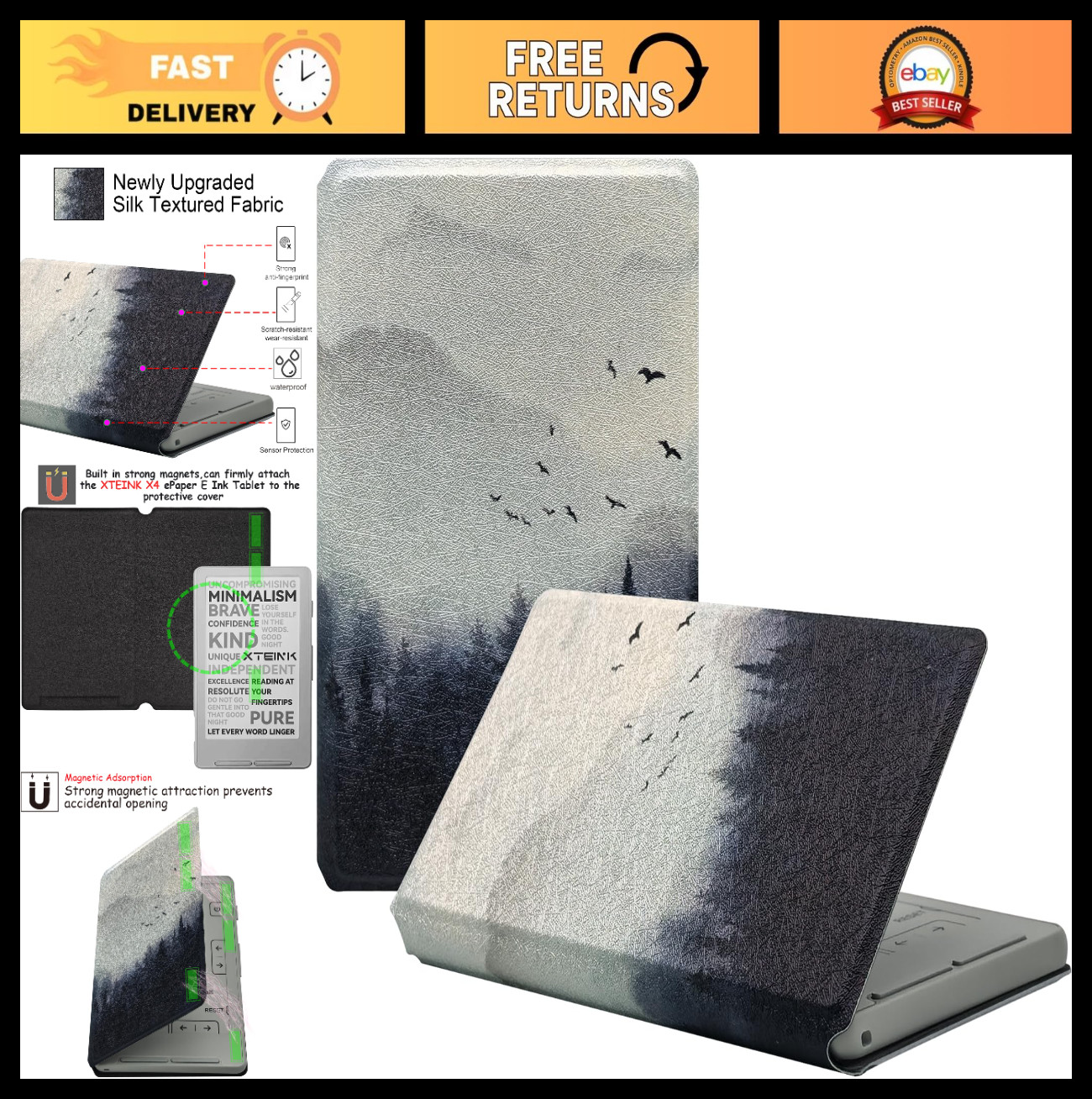 Ultra Thin Magnetic Case for 4.3" E-Book Reader, Lightweight Leather Cover, Mist
