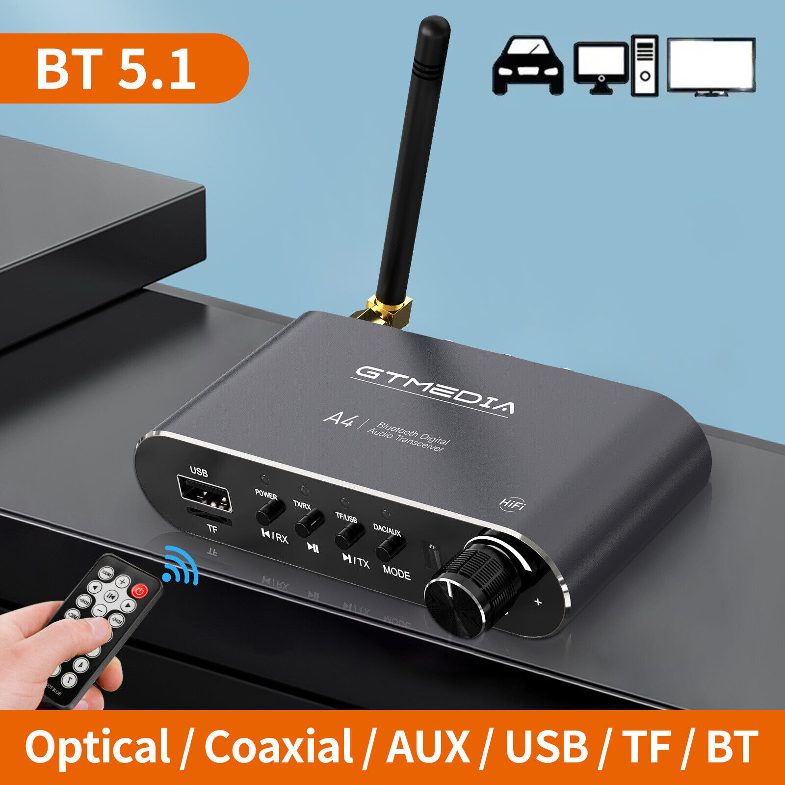 New GTMEDIA Bluetooth v5.1 Music Receiver Transmitter COAXIAL OPTICAL USB TF RCA