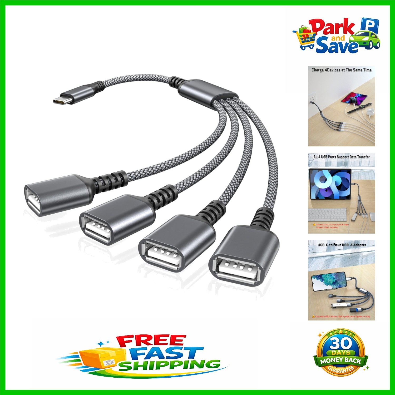Compact 1FT USB-C to 4 USB-A Adapter with Durable Design - Travel Friendly
