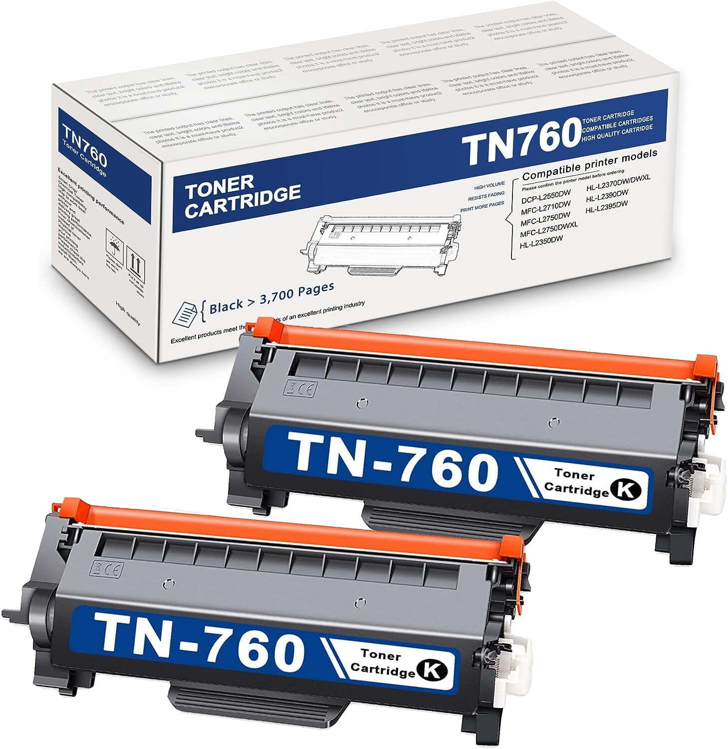 TN760 2Black Toner Cartridge Replacement for Brother TN760 MFC-L2710DW Printer