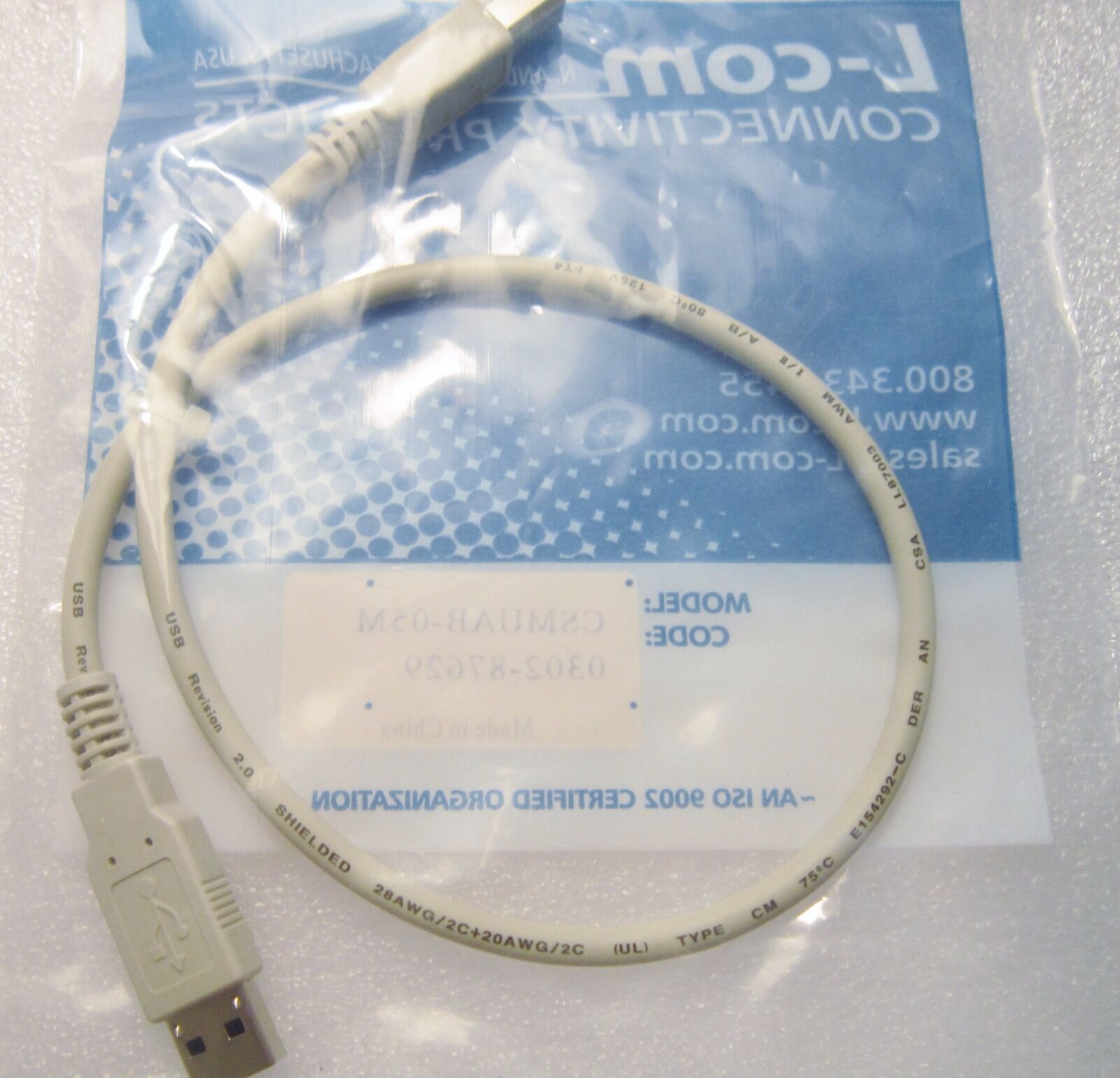 CSMUAB-05M L-COM CONNECTIVITY PREMIUM USB CABLE TYPE A-B 0.5m 20AWG