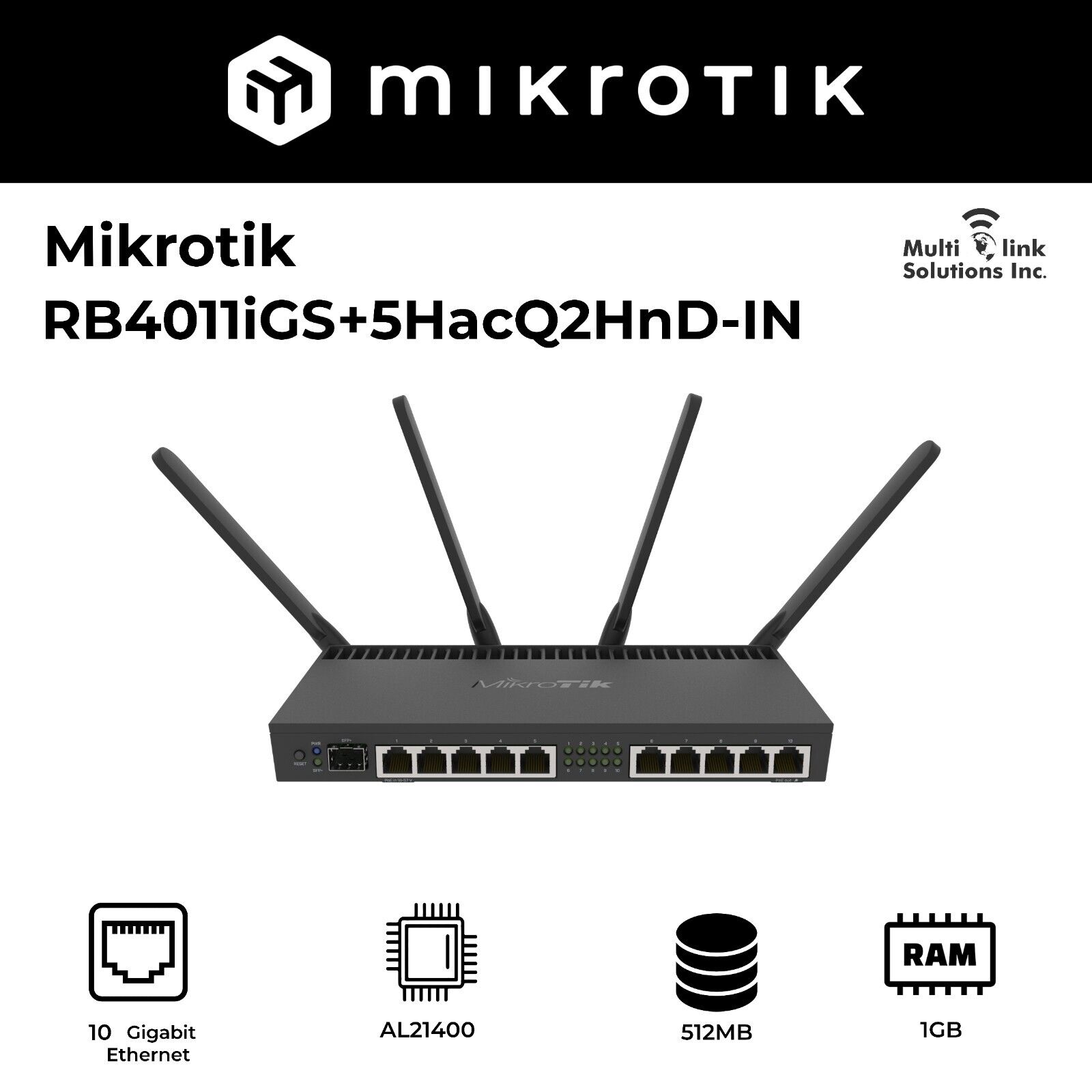MikroTik RB4011iGS+5HacQ2HnD-IN with 10 Gigabit ports, SFP+ 10Gbp