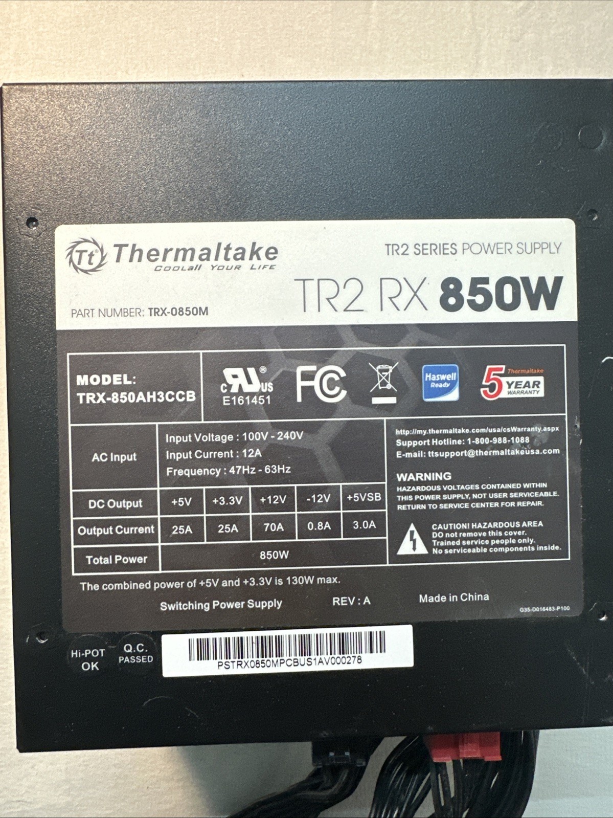 Thermaltake TR2 RX 850W Modular ATX Power Supply, 24 Pin, SATA, PCIe