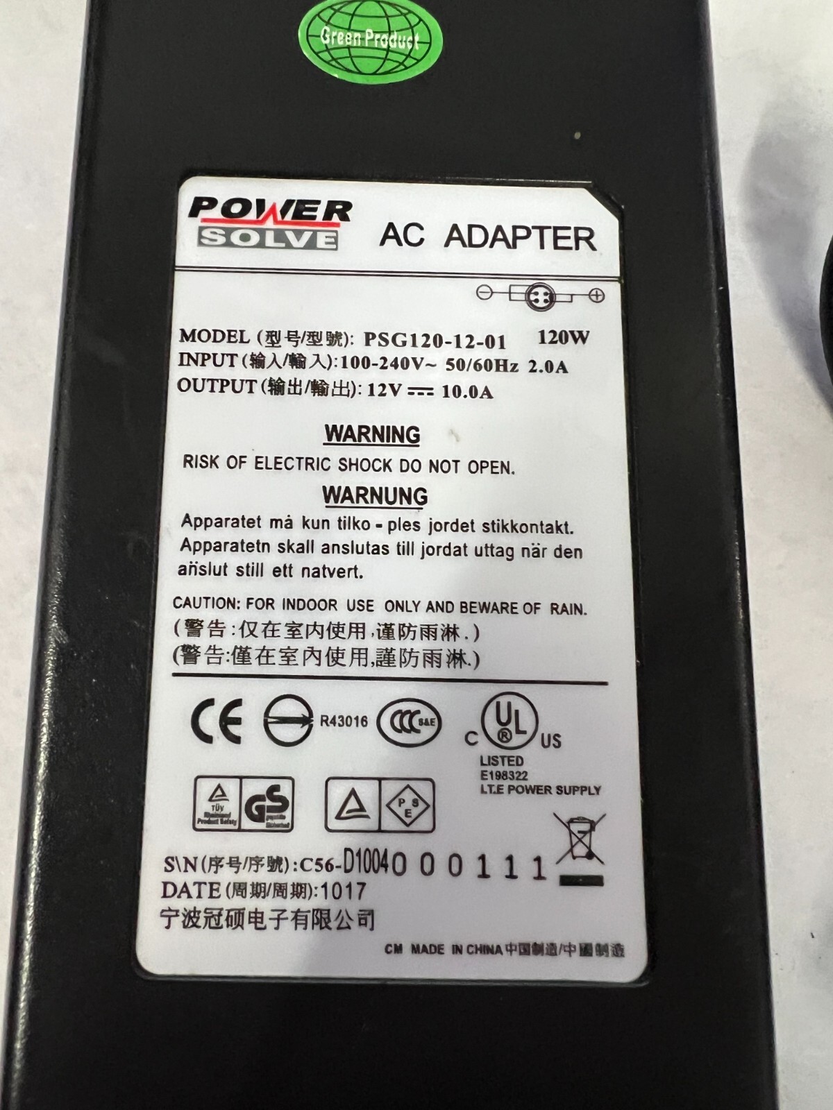 Power Solve PSG120-12-01 12V 10.0A AC Power Supply