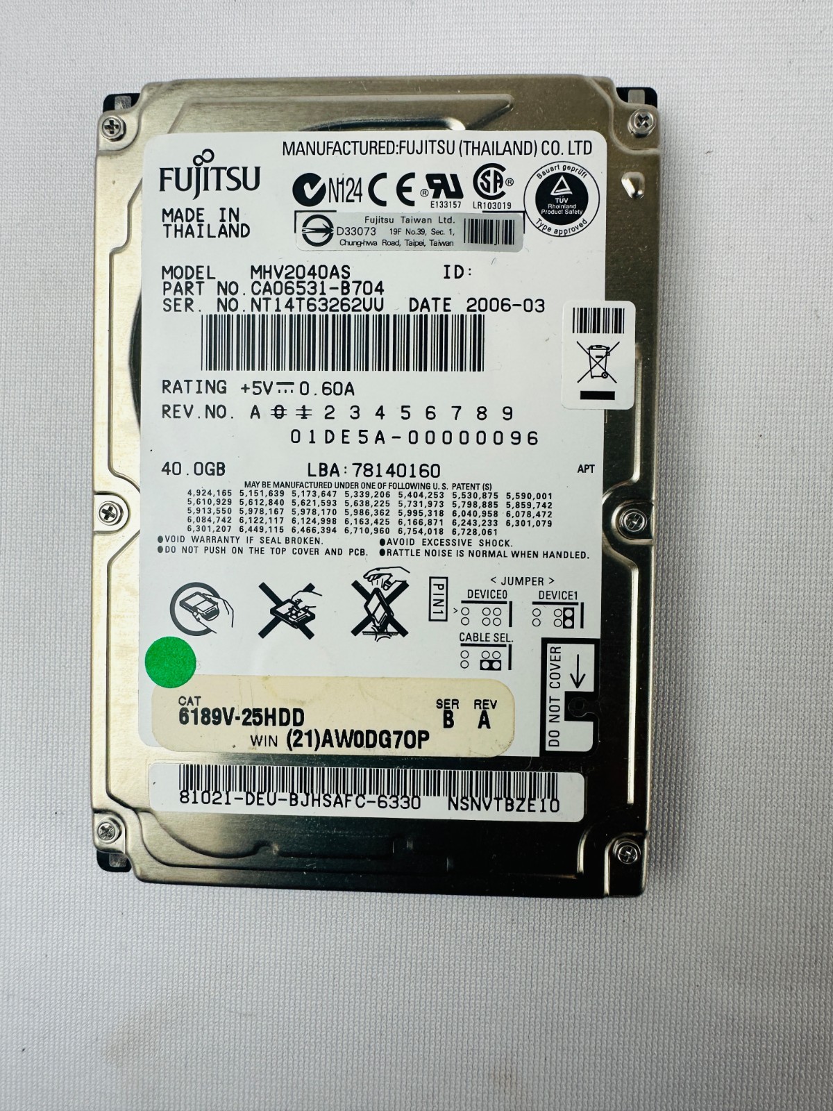 Fujitsu MHV2040AS CA06531-B704 Hard Disk Drive