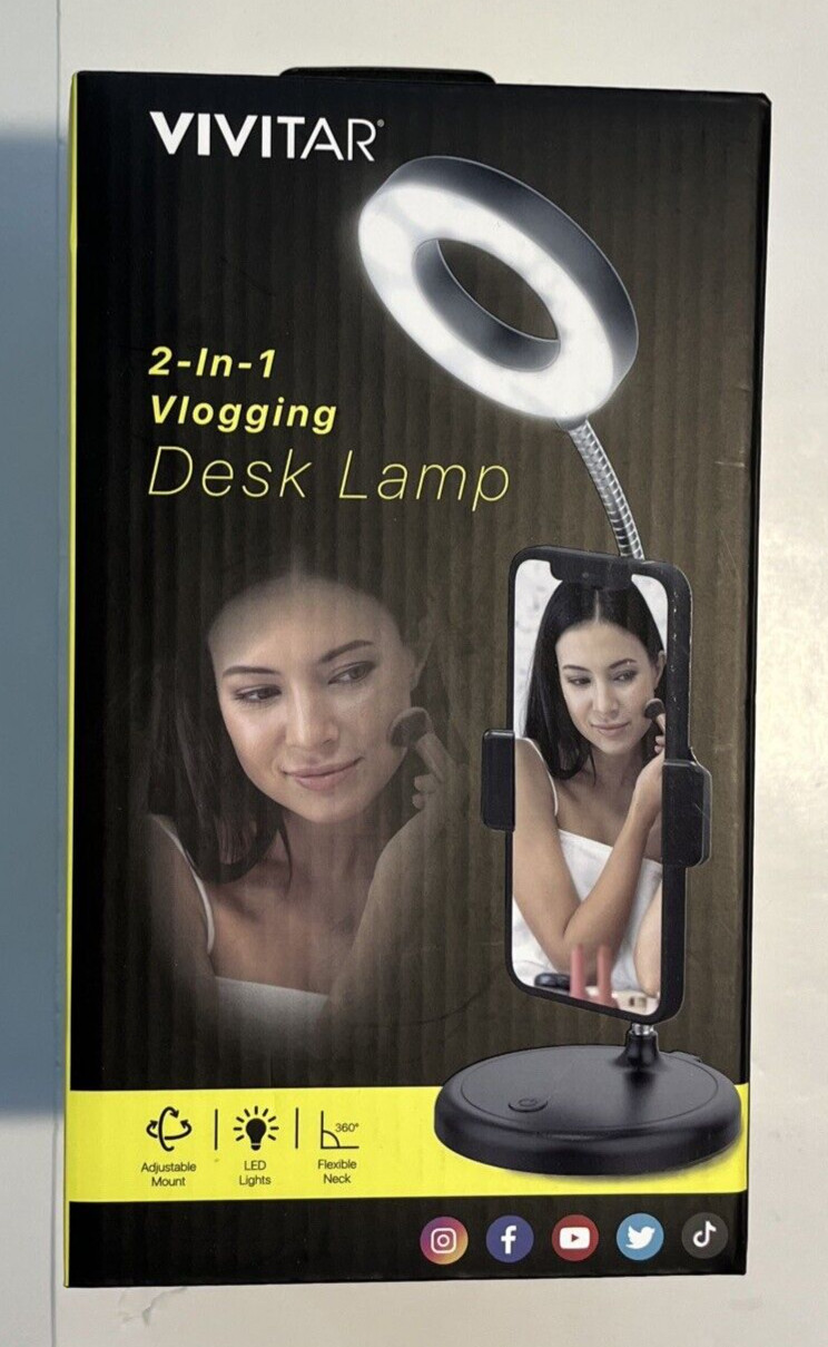 Vivitar 2 in 1 Vlogging Desk lamp LED Ring Light Adjustable- Phone Holder NEW