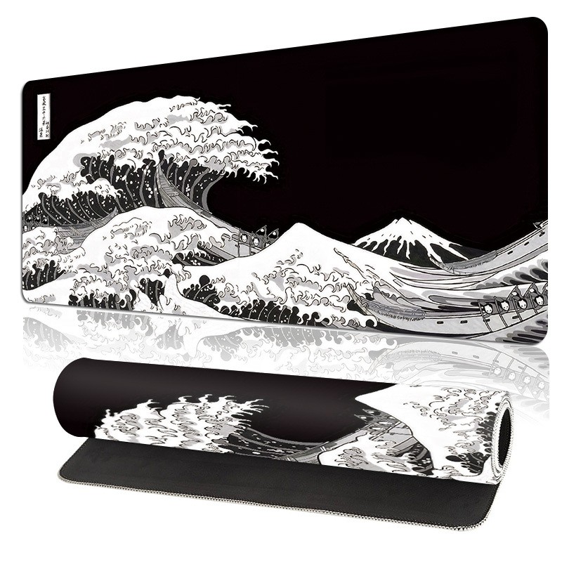 Large Gaming Mouse Pad Featuring an Abstract Black and White Japanese Wave Des