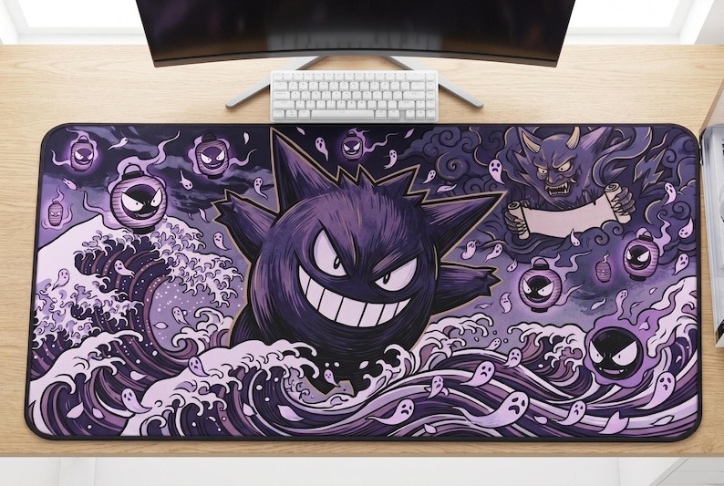 Gengar Wave Desk Mat - Ghost Pokemon Mouse Pad XXL, Gaming Desk Accessories